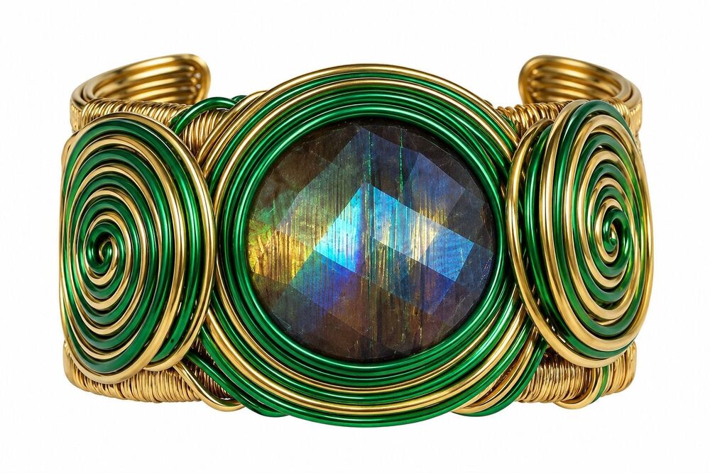 Green & Gold Wire Wrapped Faceted Crystal Statement Cuff Bracelet